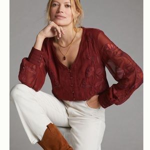 NWT Anthropologie Embroidered Floral Burgundy Red Balloon Sleeve Blouse XS